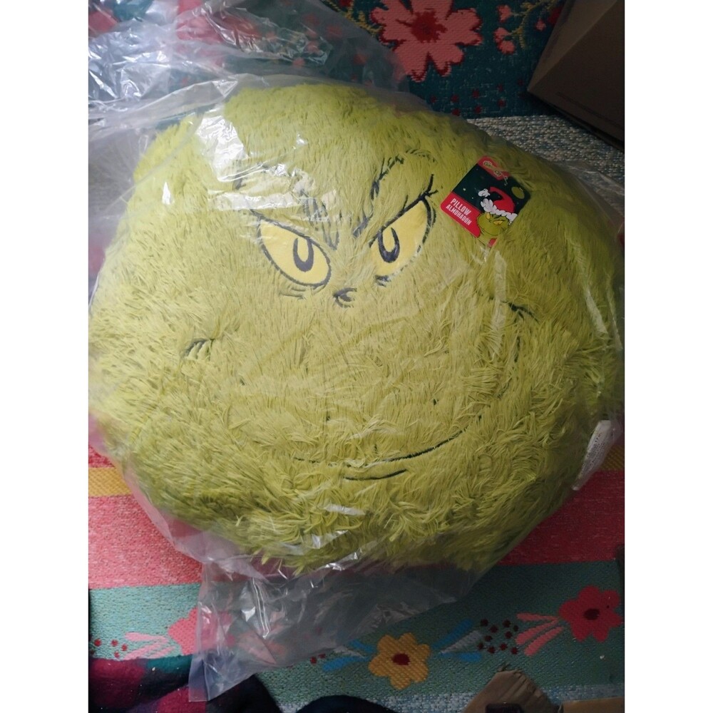 Grinch Who Stole Christmas Fun 16" Furry Round Pillow with Embroidered Face